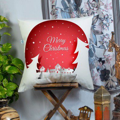 STITCHNEST Merry Christmas Printed Poly Cotton Cushion Cover Pack of 1 (16x16 Inches)