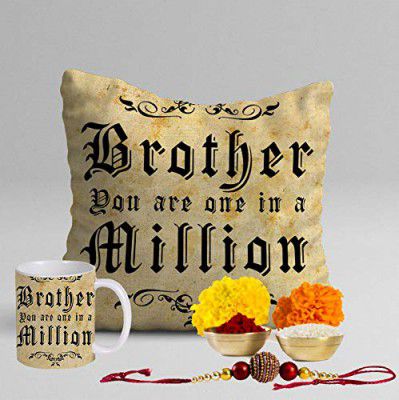 STITCHNEST Rakhi for Sister and Brother Combo Hamper Set of Mug, Canvas Cotton Cushion Cover with Filler - 16 x 16 inches, 