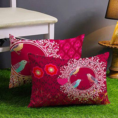 STITCHNEST Set of 2 Polycotton Cushion Covers – Pink & Orange Traditional Bird Print – 12x18 Inches – Ethnic Decorative Cushion Covers for Sofa & Living Room