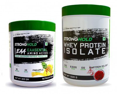 STONGHOLD Advanced EAA Essential Amino Acid Pineapple Flavor 300gm & Whey Protein Isolate Saffron Delight Flavor 500gm 