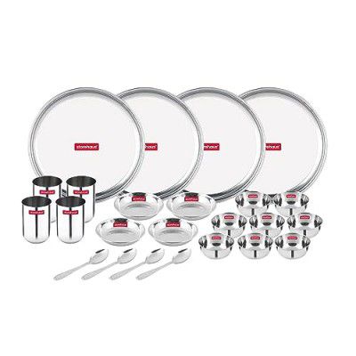Storehaus 24 Pieces Smart Stainless Steel Dinnerware/Dinner Set - 4 Thali, 4 Halwa Plate, 8 Bowl, 4 Glass, 4 Spoon, Kitchen Set for Home & Restaurants, Family - Silver