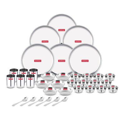 Storehaus 36 Pieces Smart Stainless Steel Dinnerware/Dinner Set - 6 Thali, 6 Halwa Plate, 12 Bowl, 6 Glass, 6 Spoon