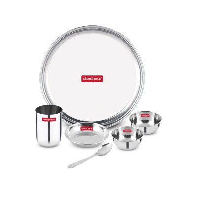 Storehaus 6 Pieces Smart Stainless Steel Dinnerware/Dinner Set - 1 Thali, 1 Halwa Plate, 2 Bowl, 1 Glass, 1 Spoon, Kitchen Set for Home, Restaurants, Family - Silver