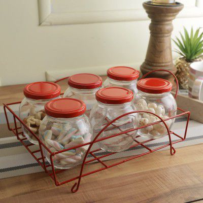 Storehaus Red Wire Stand with 6pcs Matka Jar with capacity of 355ml (Red Tin) Storage Jar, Kitchen Organizer, Air Tight, Modular, Food Grade, Multipurpose Jar