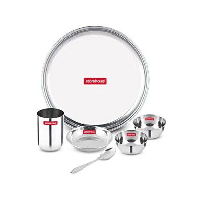 Storehaus Stainless Steel 6 pc (1 Thali+2 Katori+1glass+1 Spoon+1 Halwa Plate) Kitchenware Set Ideal for Home, Restaurants and Family Use, Silver