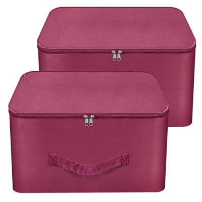 Storite 2 Pack Nylon Wardrobe Bag Underbed Moisture Proof Cloth Storage Organizer Saree Bags (Magenta, 37x35x23 cm) Square