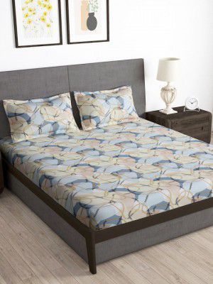 Story home Cream & Blue Geometric 180 TC Queen Bedsheet with 2 Pillow Covers