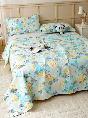 Story@home Arena Blue & Gold-Toned Printed 180 TC Queen Bedsheet & 2 Pillow Covers