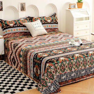 Story@Home bedsheet for Double Bed Queen Size 240TC Satin Finish, with 2 Pillow Covers, Beige & Black, Aztec