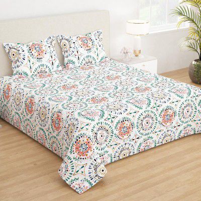 Story@Home Bedsheet for Double Bed Queen Size Microfiber 210 TC with 2 Pillow Covers, 225 cm X 250 cm, White & Peach, Motif