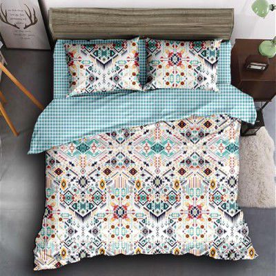 Story@Home Double Bedsheet Aztec/Bohemian Pattern 240 TC with Set of 2 Pillow Cover Glaze Cotton - 225CM X 250CM- White & Blue