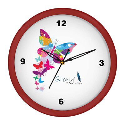 Story@Home Round Shape Plastic Modern Stylish Wall Clock with Glass for Home/Kitchen / Living Room/Bedroom/Office - 10 in Red