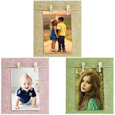 Story@Home Wooden Photo Frame Set of 3 Frames, Jute Based (Color - Light Brown, Pink and Green)