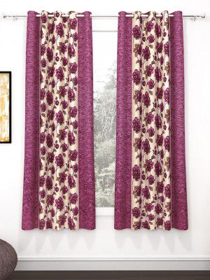 Story@home2 Pieces Purple & Beige Floral Window Curtains