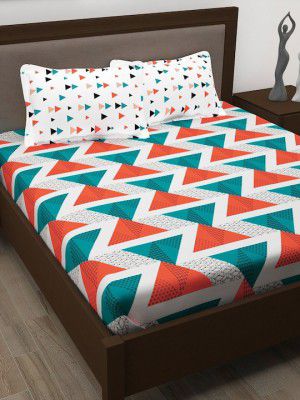 Story@home Ventura Teal & Orange Geometric 152 TC Queen Bedsheet With 2 Pillow Covers