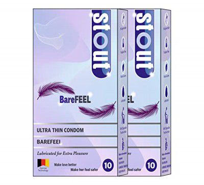 Stout Ultra Thin Highest Grade Latex BareFeel Condoms for Men |Extra Lubricated, Non-Flavoured for Extra Pleasure | Thinnest Condom for BareFeel - 10 Count | Pack of 2