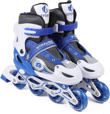 Strauss Adjustable Inline Skates (Vortex) | Skating Shoes | PU 4 Wheels with Light | In-line Skates - Size UK (7-11) UK  (Blue, White)