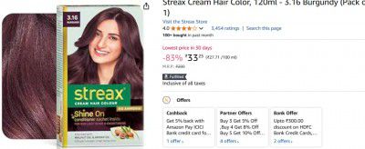 Streax Cream Hair Color, 120ml - 3.16 Burgundy