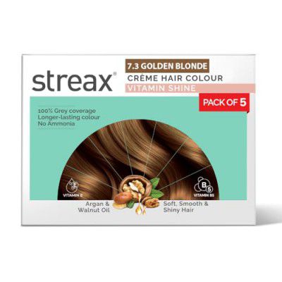 Streax Crème Permanent Hair Colour - 7.3 Golden Blonde Hair Color- 45gm (Pack of 5), 100% Grey coverage, Long Lasting Hair colour for women