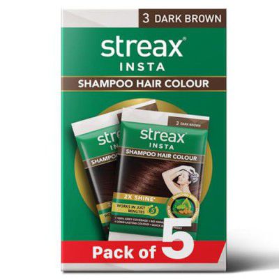 Streax Insta Shampoo Hair Colour, Dark Brown- Pack of 5 | 100% grey coverage in 5 minutes