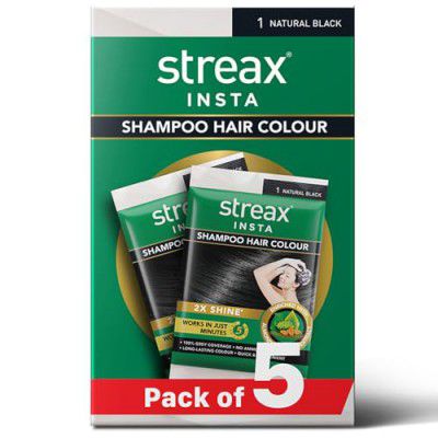 Streax Insta Shampoo Hair Colour, Natural Black - Pack of 5