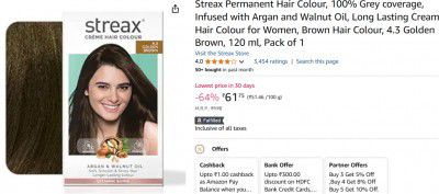 Streax Permanent Hair Colour, 100% Grey coverage, Infused with Argan and Walnut Oil, Long Lasting Cream Hair Colour for Women, Brown Hair Colour, 4.3 Golden Brown, 120 ml