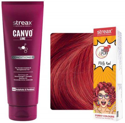 Streax Professional Canvoline Straightening Post Care Conditioner for Women's Sulphate & Paraben free - 240 gm Hold and Play Funky Colours, Hair Color - 100g | Flirty Red