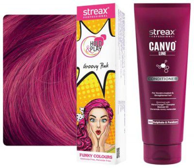 Streax Professional Hold and Play Funky Colours, Hair Color - 100g | Groovry Pink Canvoline Straightening Post Care Conditioner for Women's| 240 gm
