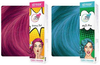 Streax Professional Hold and Play Funky Colours, Hair Color - 100g | Groovry Pink Hold & Play Funky Colours Hair Color - 100g | Mystic Blue