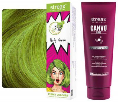 Streax Professional Hold & Play Funky Colour, Hair Color - 100g - Perky Green Canvoline Straightening Post Care Conditioner for Women's - 240 gm