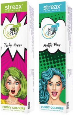 Streax Professional Hold & Play Funky Colour, Hair Color - 100g | Perky Green Hold & Play Funky Colours Hair Color - 100g | Mystic Blue