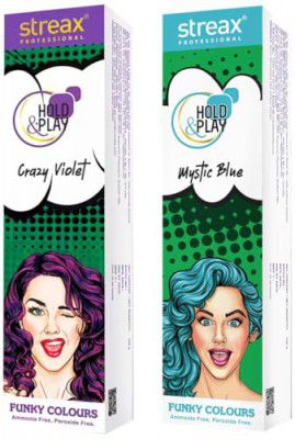 Streax Professional Hold & Play Funky Colours Hair Color - 100g | Crazy Violet, Mystic Blue