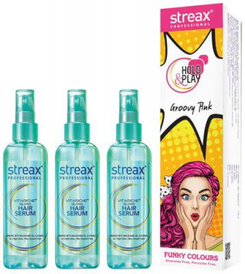 Streax Professional Vitariche Gloss Hair Serum for Women / Men - 115ml | Pack of 3 Hold and Play Funky Colours, Hair Color, 100g - Groovry Pink