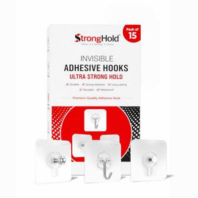 StrongHold Wall Hook Combo Pack of 15 – (5 Pcs of Each Hooks) | Self Adhesive Photo FrameHooks, ScrewHooks & FlowerHooks | Heavy Duty Transparent & Stainless Steel Wall Hooks