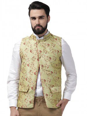Style Quotient Men Beige & Maroon Woven Design Nehru Jacket