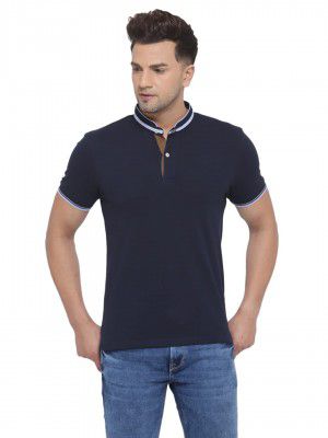 Style Quotient Men Beige Solid Mandarin Collar T-Shirt