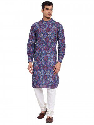 Style Quotient Men Navy Blue Ethnic Motifs Printed Thread Work Kurta