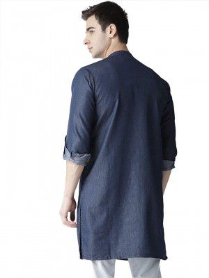 Style Quotient Men Navy Blue Solid Denim Straight Kurta-Indigo Blue