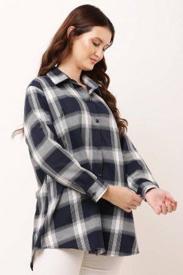 stylemyth Women Oversized Fit Checkered Button Down Collar Casual Shirt