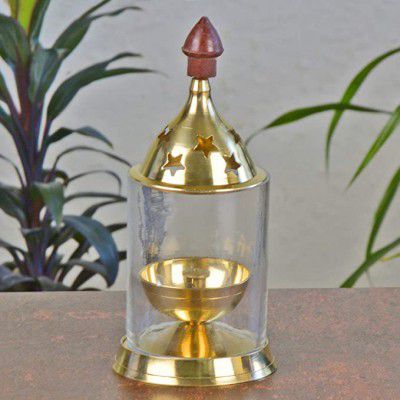 StyleMyWay Brass Akhand Diya with Glass Cover - 14 cm | Jyoti Diya | Oil Puja Lamp | Udupi Jyot