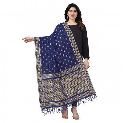 StyleScope Women's Rasal Net Dupatta With Gold Zari Work (Dup Diamond Navy_Navy_2.25 Mtr)