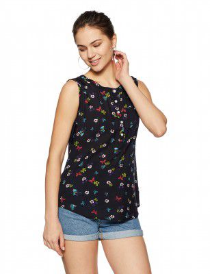 Styleville.in Womens Sleeveless Black Round Neck top with Placket