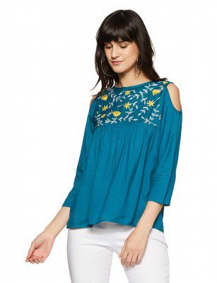 Styleville.in Womens Solid Regular Top (STSF401864-Teal-L Teal L)