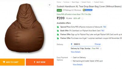 Sudesh Handloom XL Tear Drop Bean Bag Cover (Without Beans)  (Brown)