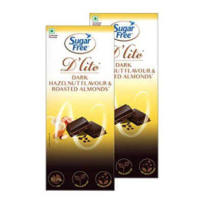 Sugar Free D'lite Hazelnut & Almonds Dark Chocolate Bar, 80 Grams (Pack of 2)