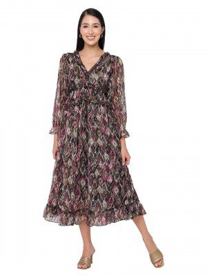 Sugathari Chiffon Ditsy Floral Deep V-Neck Ruffle Hem Western Dresses for Women (Dress2 88)