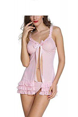 SUJUKA Womens Polyester Floral Knee Length Nighty With G String Thongs (Babydoll-AP-59_Pink_Free Size)