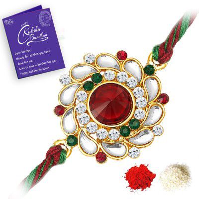 Sukkhi Elegant Kundan Rakhi with Roli Chawal and Raksha Bandhan Greeting Card For Men