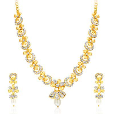 Sukkhi Glittery Gold Plated Wedding Jewellery Austrian Diamond Necklace Set For Women