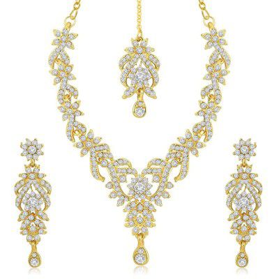 Sukkhi Gold Plated Australian Diamond Choker Necklace With Drop Earrings And Mangtikka Set or Women